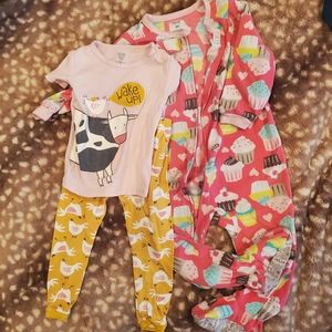 Carter Pajamas, 3 piece Bundle, Fleece, Cotton, Footie, Pant Shirt, 2T Girl